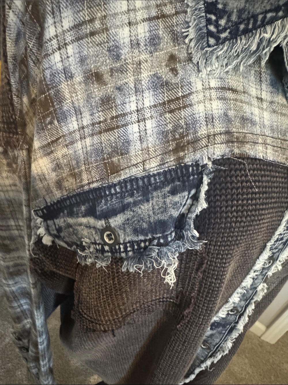 BKE Brown Knit Button-Down with Plaid Yoke and Distressed Denim Trim - Picture 3 of 8